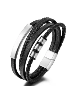Heren Armband Leder - Zwart met Zilver Kleurige Accenten