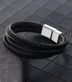 Heren Armband Leder met Dubbele Vlecht - Zwart met Zilver Kleurige Sluiting