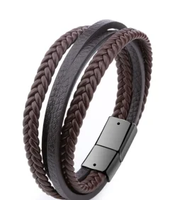 Heren Armband Leder met Dubbele Vlecht - Bruin met Zwarte Sluiting