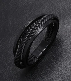 Heren Armband Leder met Dubbele Vlecht - Zwart met Zwarte Sluiting