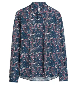 Herenblauw overhemd met plantenprint
