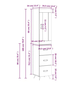 Hoge kast 34,5x34x180 cm bewerkt hout grijs sonoma eikenkleurig