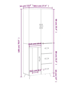 Hoge kast 69,5x34x180 cm bewerkt hout betongrijs