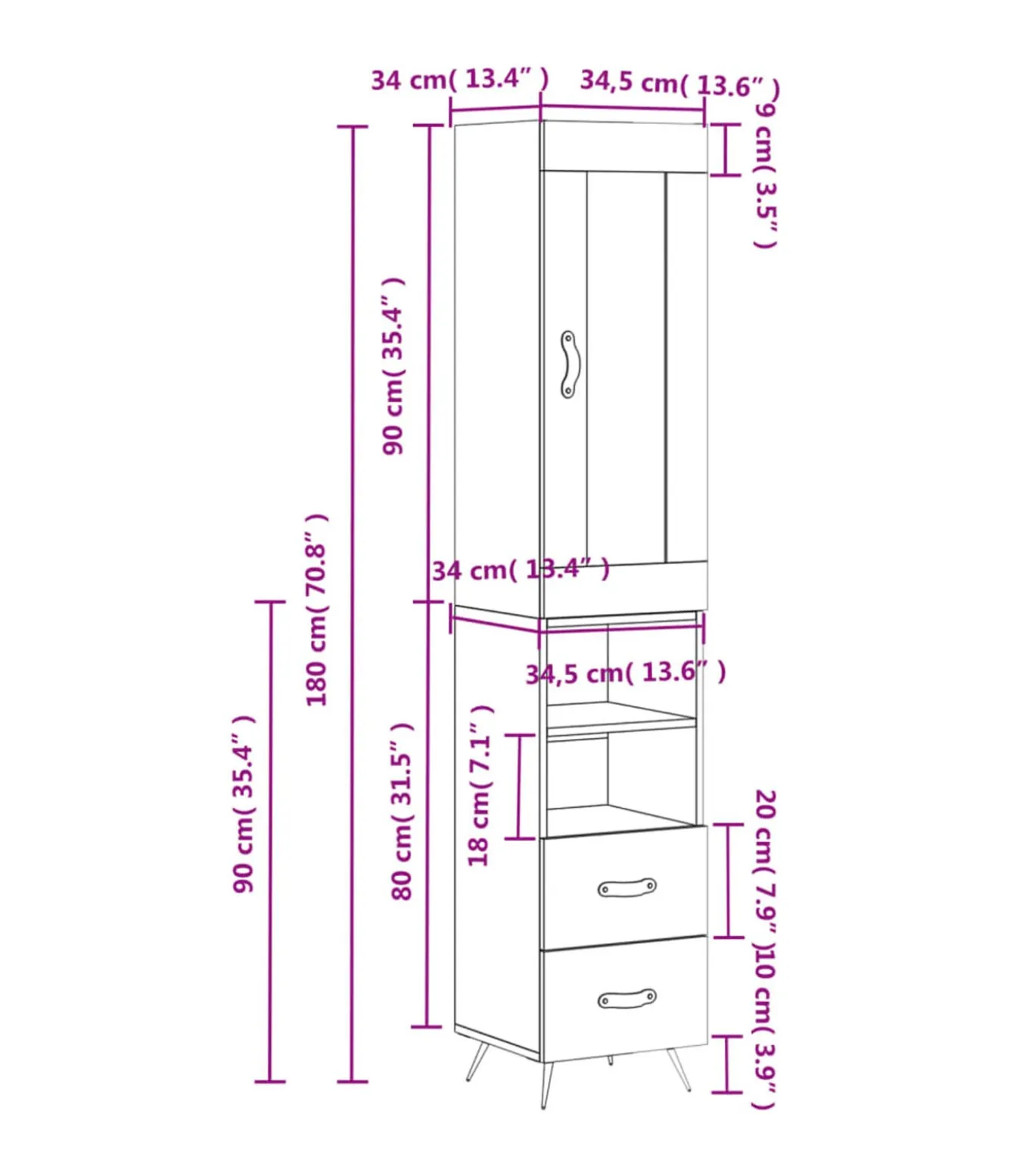 Hoge kast 34,5x34x180 cm bewerkt hout grijs sonoma eikenkleurig