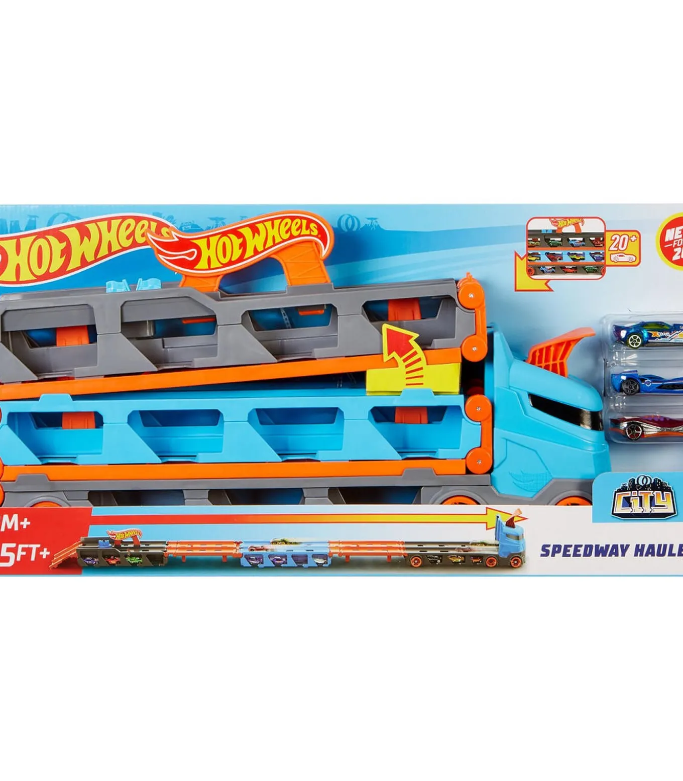 Hot Wheels speelgoed transportwagen - racebaan oplegger met 3 auto's
