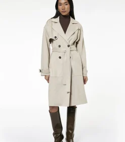 Lange Dames Trenchcoat Knoopsluiting Ceintuur Kunstsuède