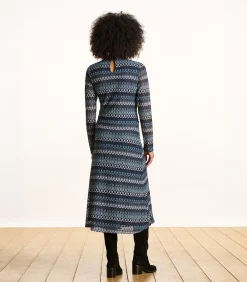 Lange jurk in petrolblauw met lange mouwen en haakwerk