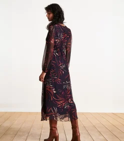 Lange jurk van viscose/zijde voile met blauwe print