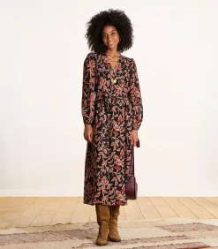 Lange zwarte en bruine jurk met ceintuur en cache-coeur print