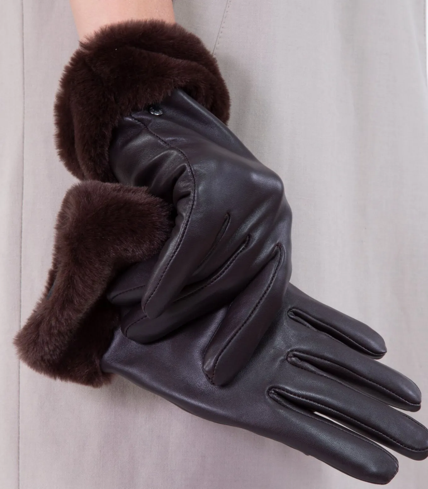 Leren dameshandschoenen met bontrand Bruin