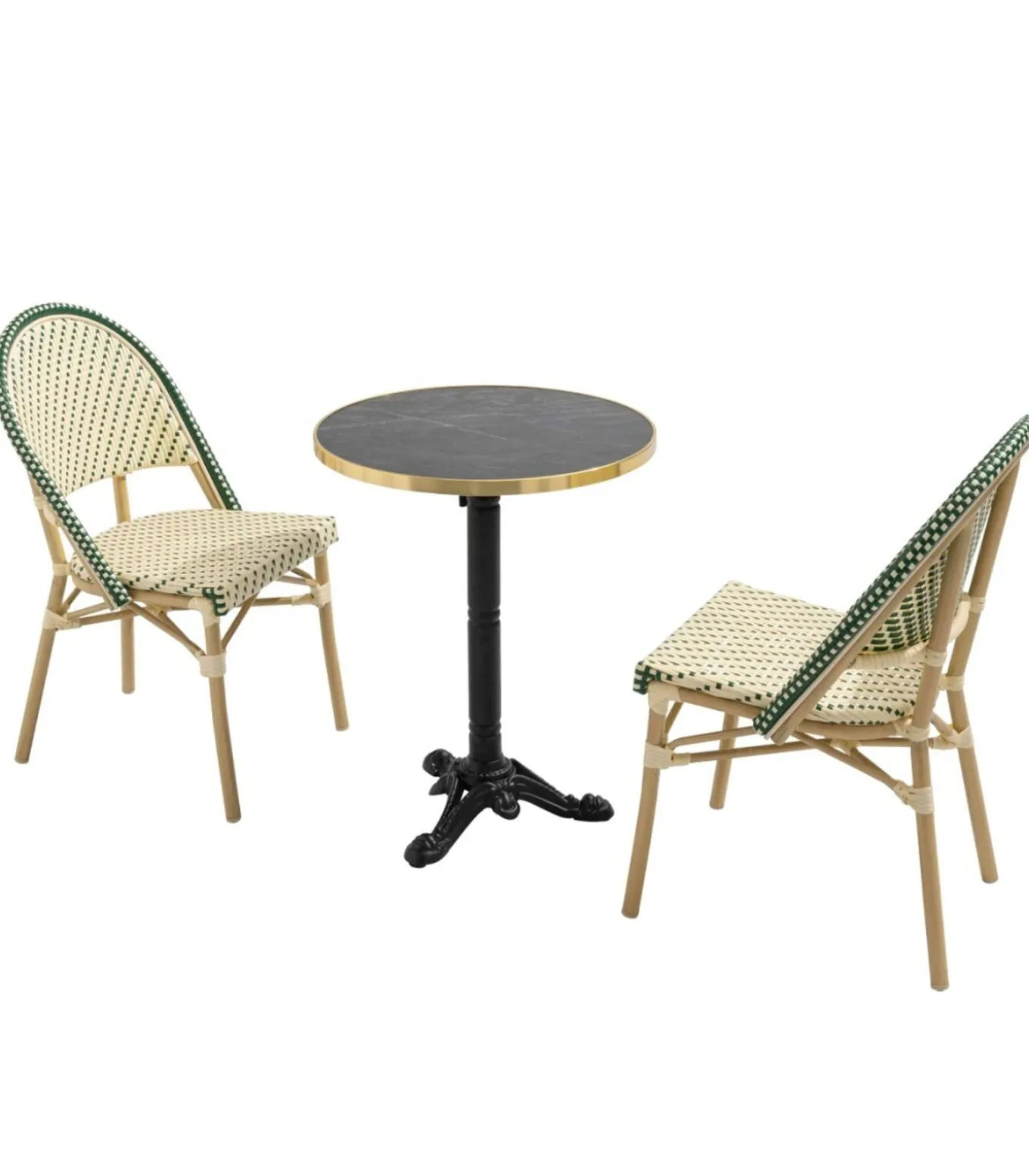 Liggende zwartmarmeren terrastafel van 60 cm en 2 groene stoelen