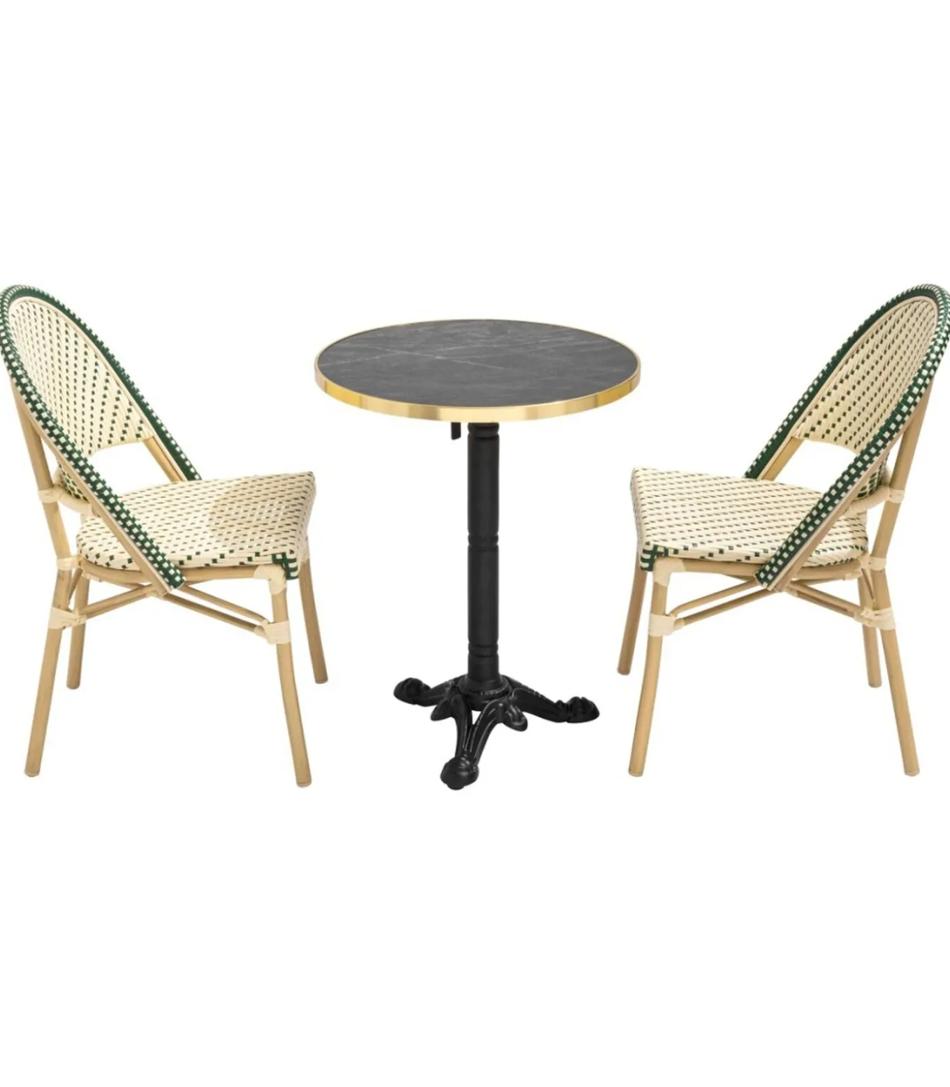 Liggende zwartmarmeren terrastafel van 60 cm en 2 groene stoelen