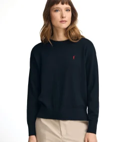 Marine blauwe trui van wolmix met ronde hals en geborduurd Rigby Go-logo