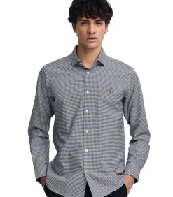 Marineblauw hemd met slim fit, vichy-ruitjes en Rigby Go-logo