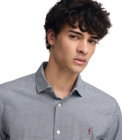 Marineblauw hemd met slim fit, vichy-ruitjes en Rigby Go-logo