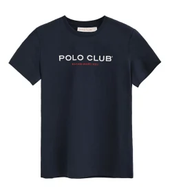 Marineblauw T-shirt met korte mouwen en Polo Club-opdruk Established 2012