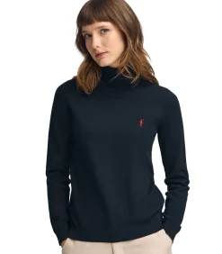 Marineblauwe coltrui van wolmix met geborduurd Rigby Go-logo