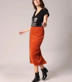 MELOANE - Lange rok van 100% katoenen corduroy met split aan de achterkant