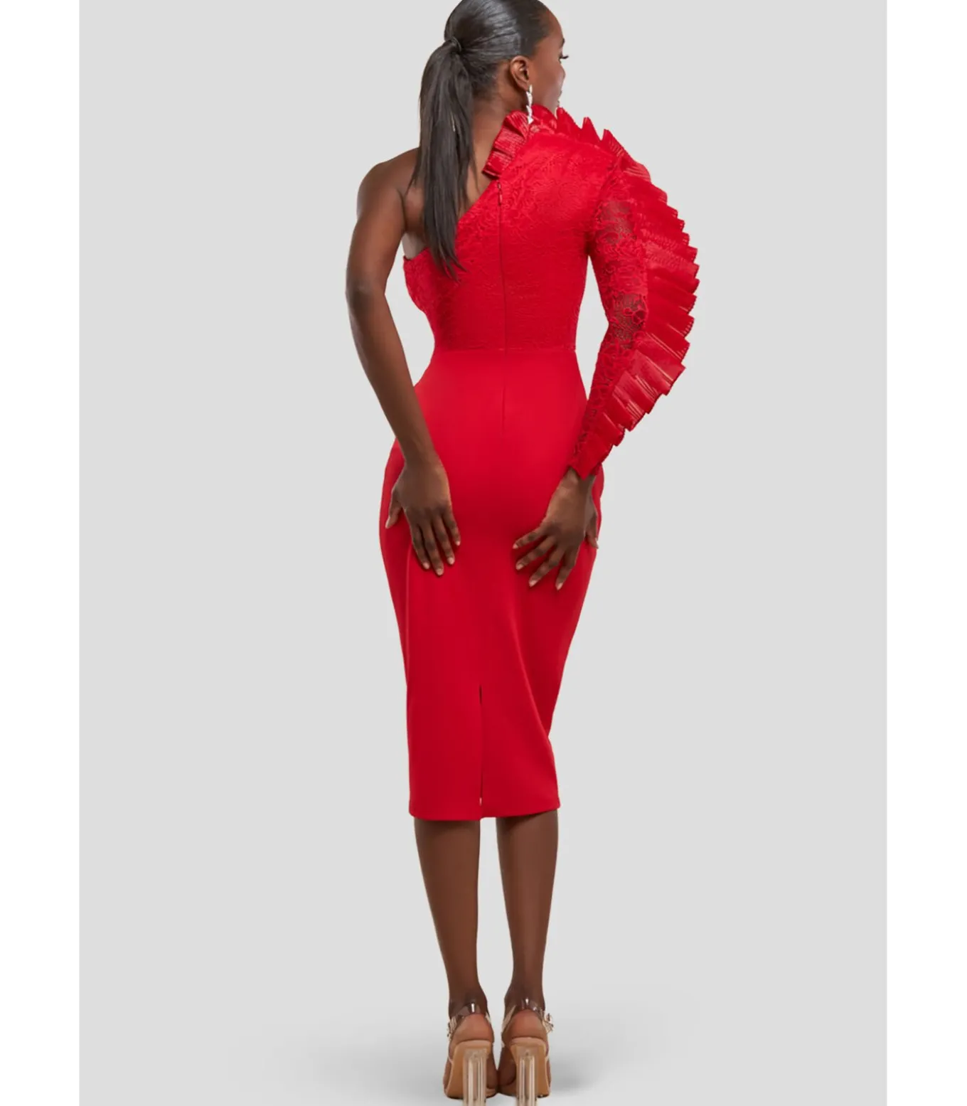 Midi-jurk “One Shoulder Organza Fan Detail Lace Bodice Midi Dress”