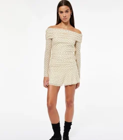 Mini-jurk Met Lange Mouwen Polkadot Off-shoulder