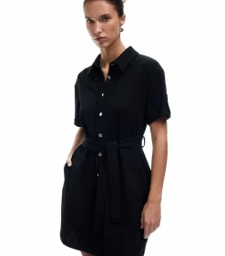 Mini-jurk Polo Kraag Korte Mouwen Zwarte Knoopsluiting