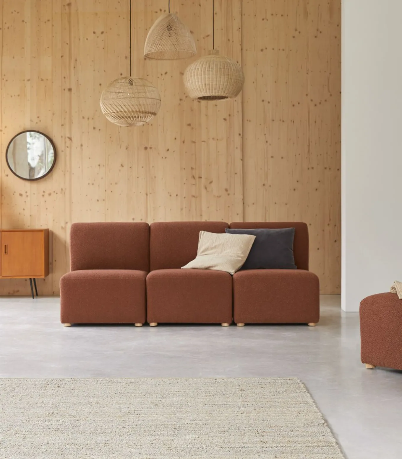 Modulaire 3-zitsbank Swann van massief acacia en terracotta stof