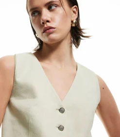 Mouwloze Linnen Blazer Yelek met Knoopsluiting