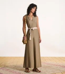 Mouwloze taupe jacquard jumpsuit