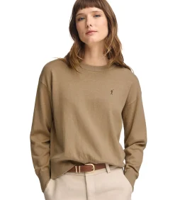 Pack van twee damestruien van wolmix in marineblauw en lichtbruin met geborduurd Rigby Go-logo