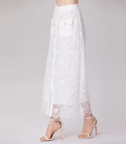 Rechte midi-rok met kant en middenknopen