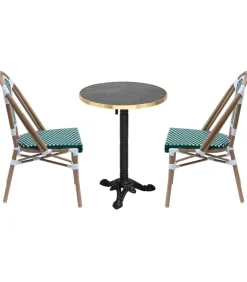 Set van zwart marmeren verstelbare terrastafel en 2 groene stoelen