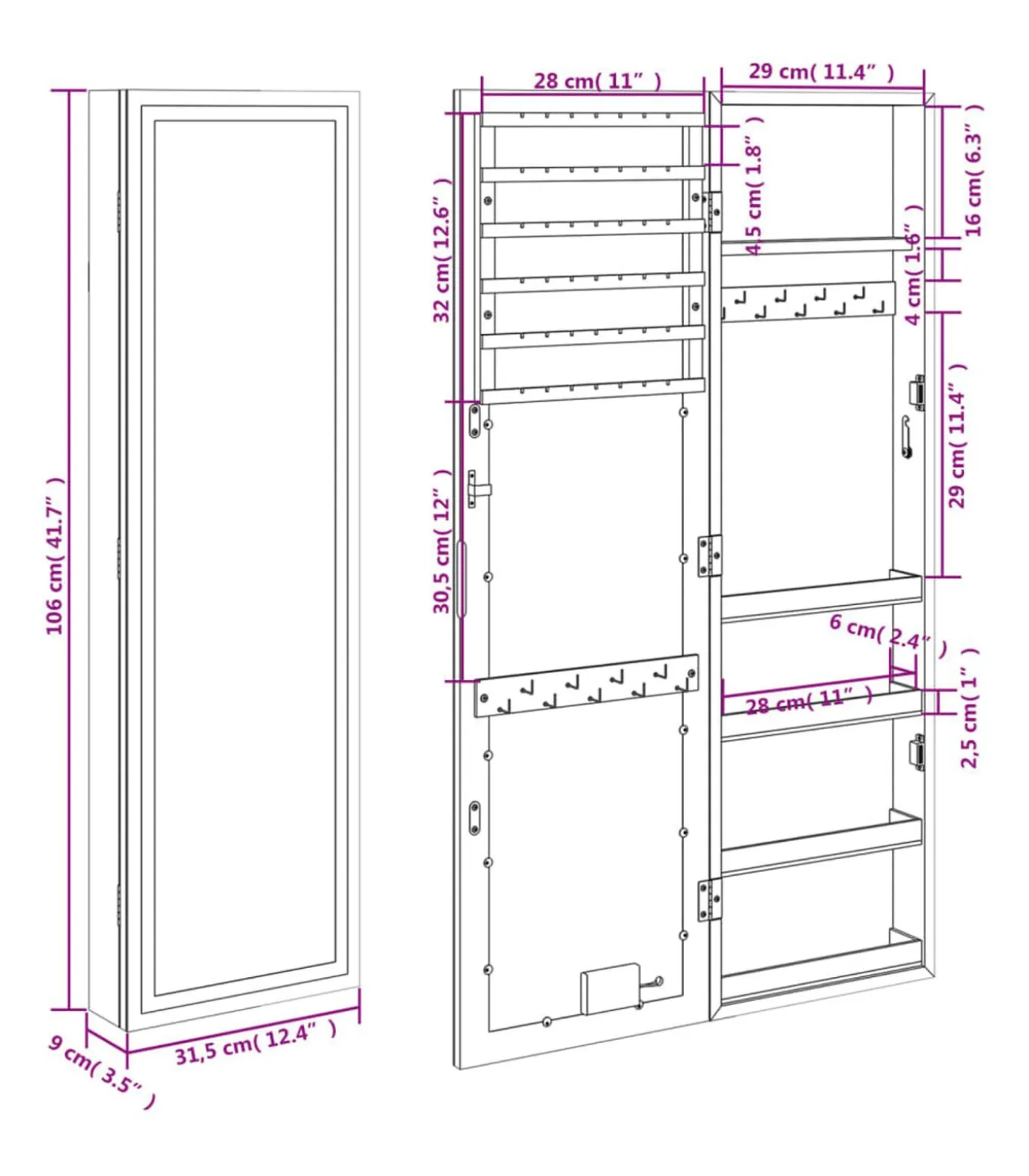 Sieradenkast met spiegel en LED wandgemonteerd zwart