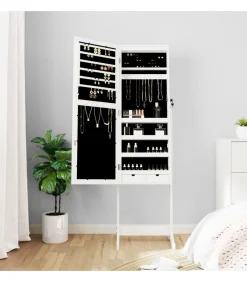 Sieradenkast met spiegel met LED-verlichting vrijstaand wit