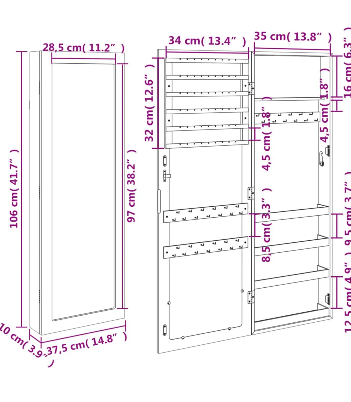 Sieradenkast met spiegel wandgemonteerd 37,5x10x106 cm