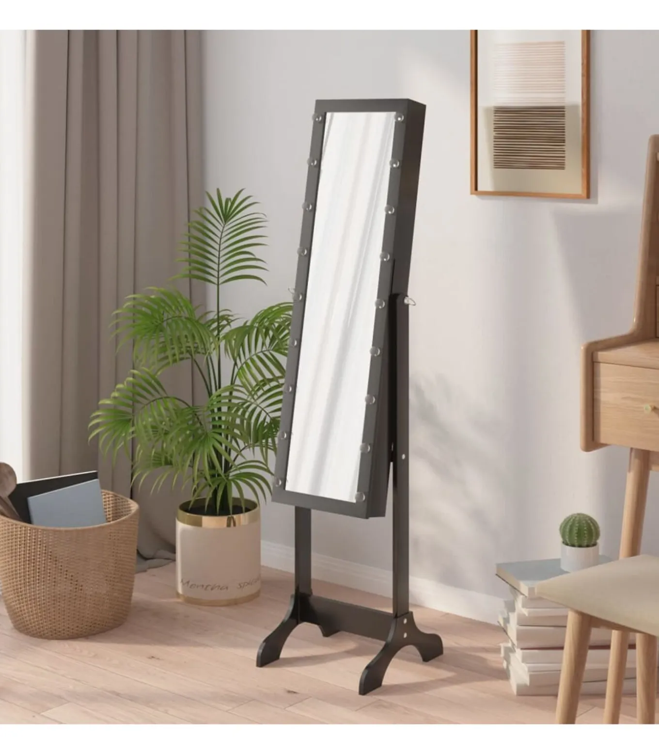 Spiegel vrijstaand met LED's 34x37x146 cm zwart