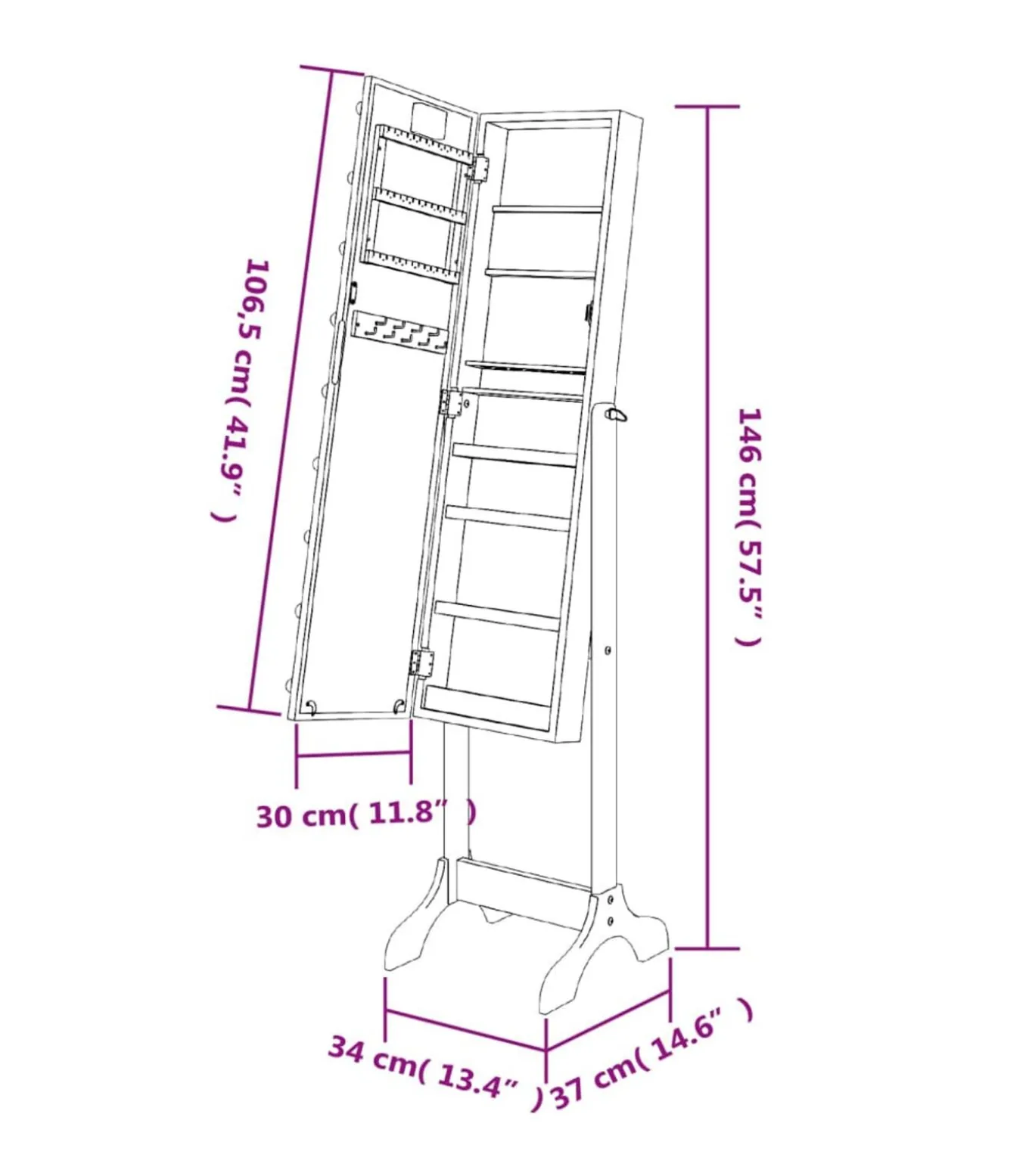 Spiegel vrijstaand met LED's 34x37x146 cm zwart