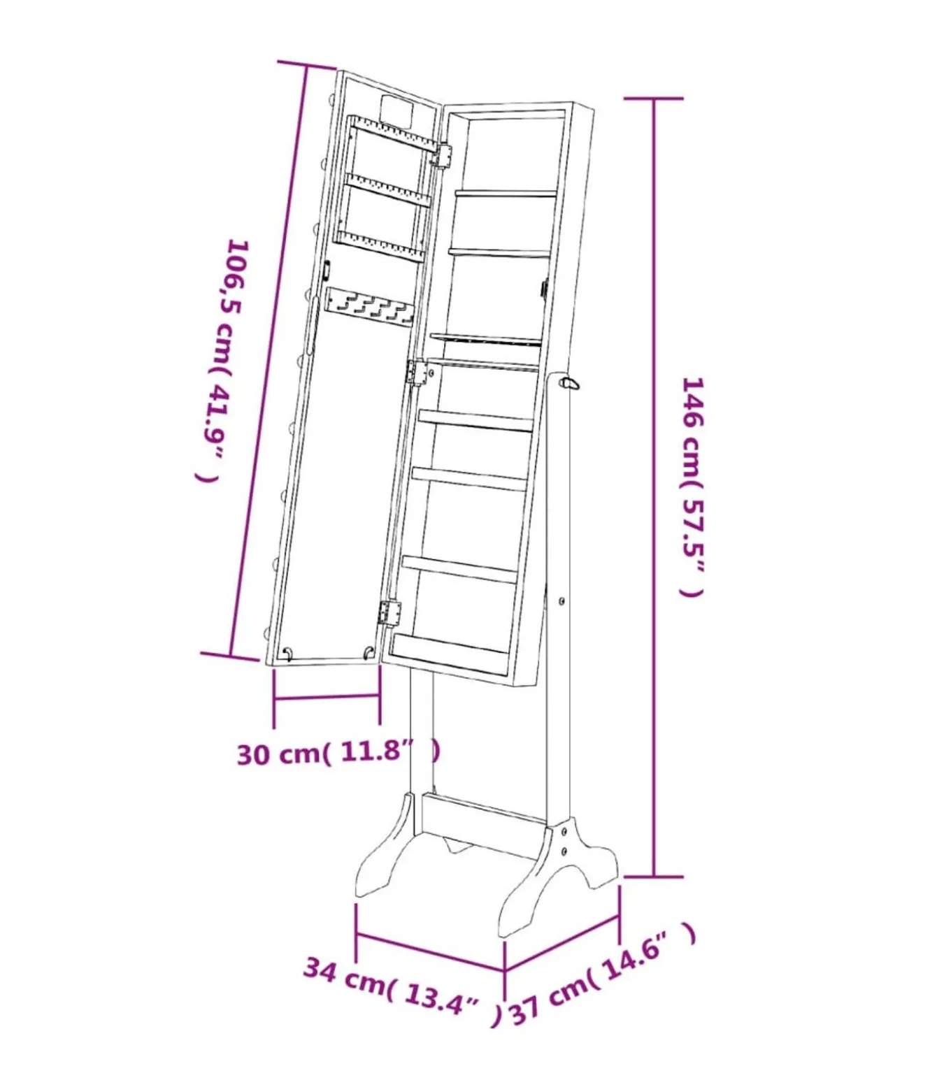 Spiegel vrijstaand met LED's 34x37x146 cm wit