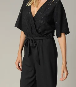 TAYLA - Zwarte crossover-jumpsuit voor dames met mooie mesh