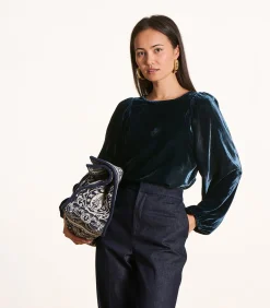 Top van petrolblauwe fluweel met lange mouwen