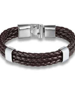 Tripe Armband Heren - Bruin Leer - Stalen Accenten