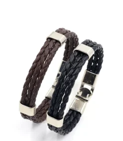 Tripe Armband Heren - Bruin Leer - Stalen Accenten