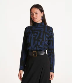 T-shirt zwart en blauw in jacquard met print en lange mouwen