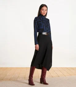 T-shirt zwart en blauw in jacquard met print en lange mouwen