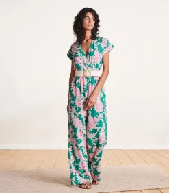 Vloeiend groen en roze broekpak met bloemenprint