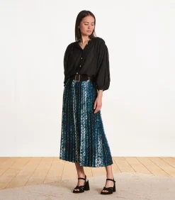 Volledig geplooide midirok in petrolblauw