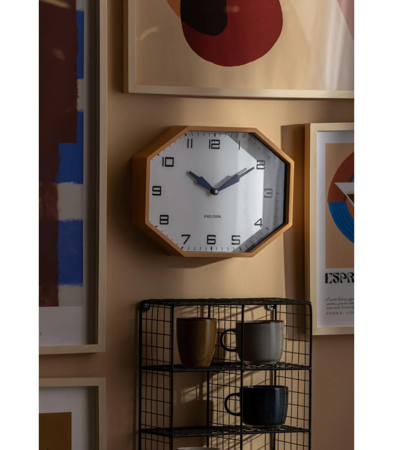 Wandklok Modern Factory Octagon - Geel - 32x32x26cm