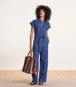 Wijde blauwe jumpsuit met ritssluiting