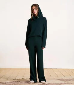 Wijde broek in petrolblauwe gebreide stof met elastische tailleband