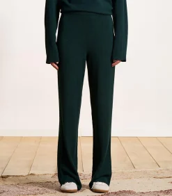 Wijde broek in petrolblauwe gebreide stof met elastische tailleband