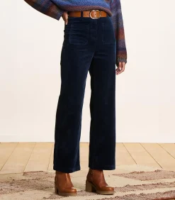 Wijde broek van marineblauwe fluweel met hoge taille